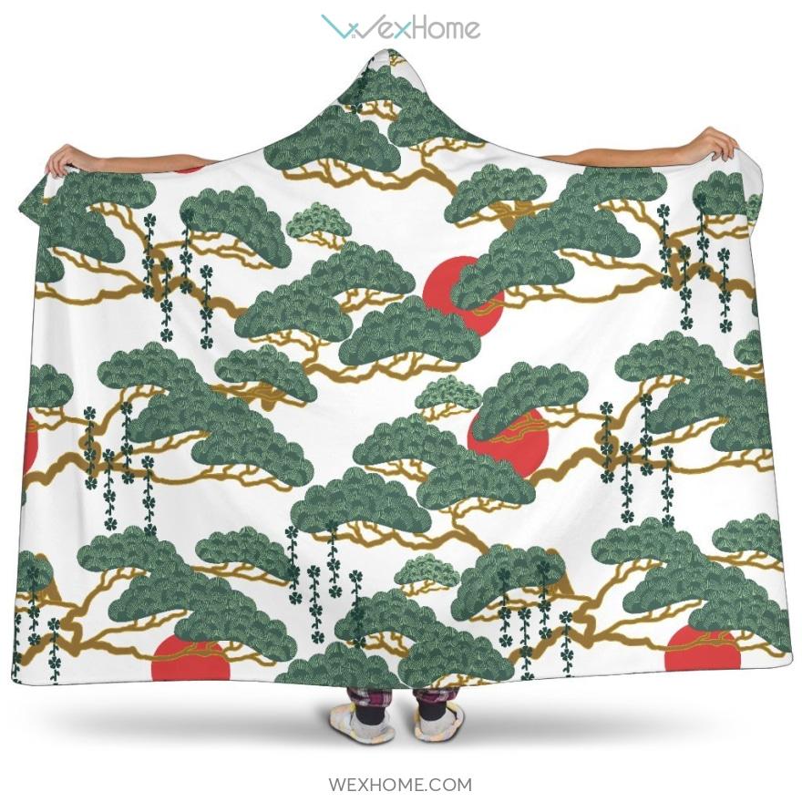 Bonsai Red Sun Japanese Pattern Hooded Blanket