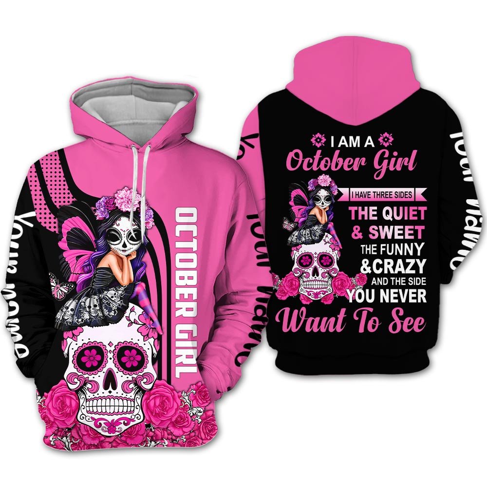 Personalized Name Birthday Outfit October Girl Sugar Skull Pink Love Style Birthday Shirt For Women