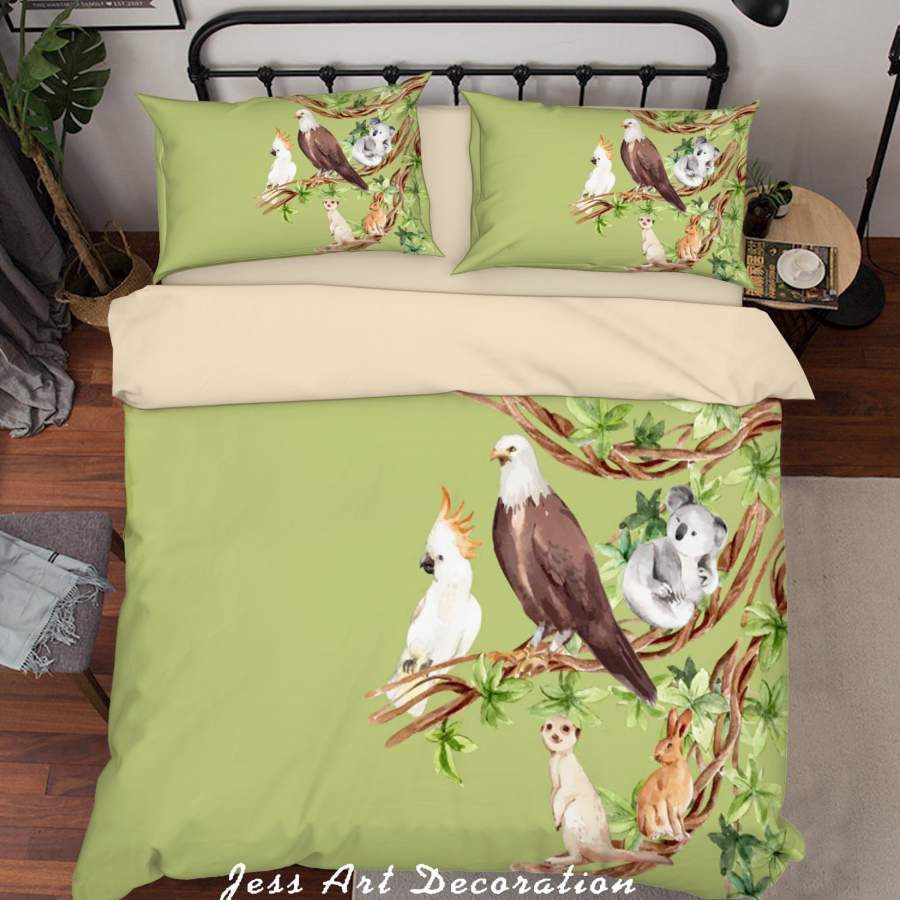 3D Green Animal Eagle Koala Parrot Rabbit Branch Quilt Cover Set Bedding Set Duvet Cover Pillowcases SF43