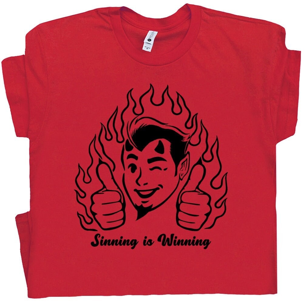 Devil T Shirt Sinning Is Winning Funny Satan Shirt Occult Devil Tarot Card Tee Baphomat Lucifer Offensive Shirt Dark Humor For Men Women