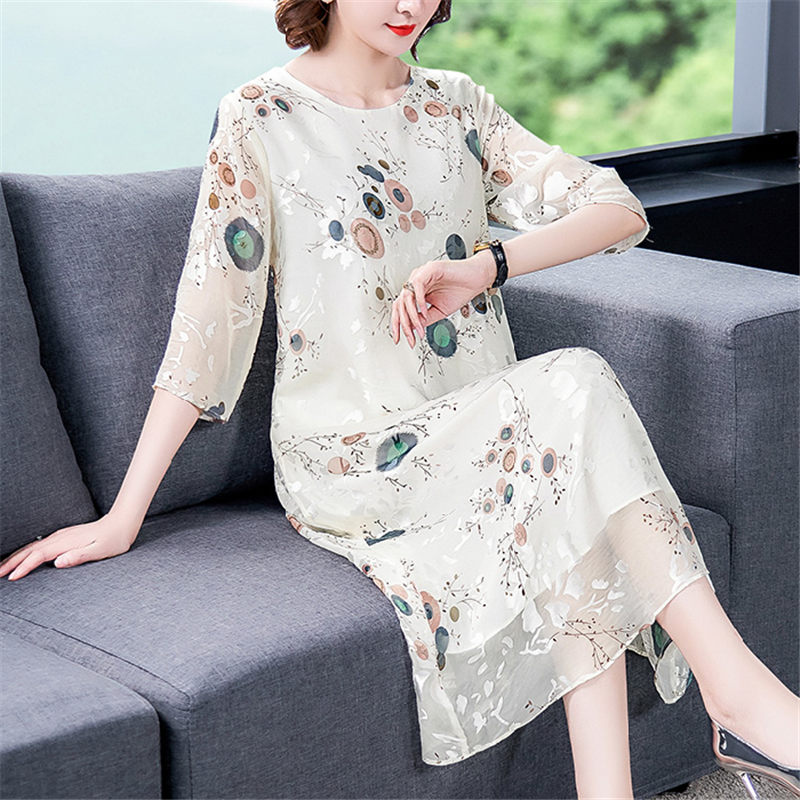Mulberry Silk Dress 2021 New Retro Chinese Style Elegant Temperament Mid-Length Three-Quarter Sleeve Embroidered Dress zh1595 alx