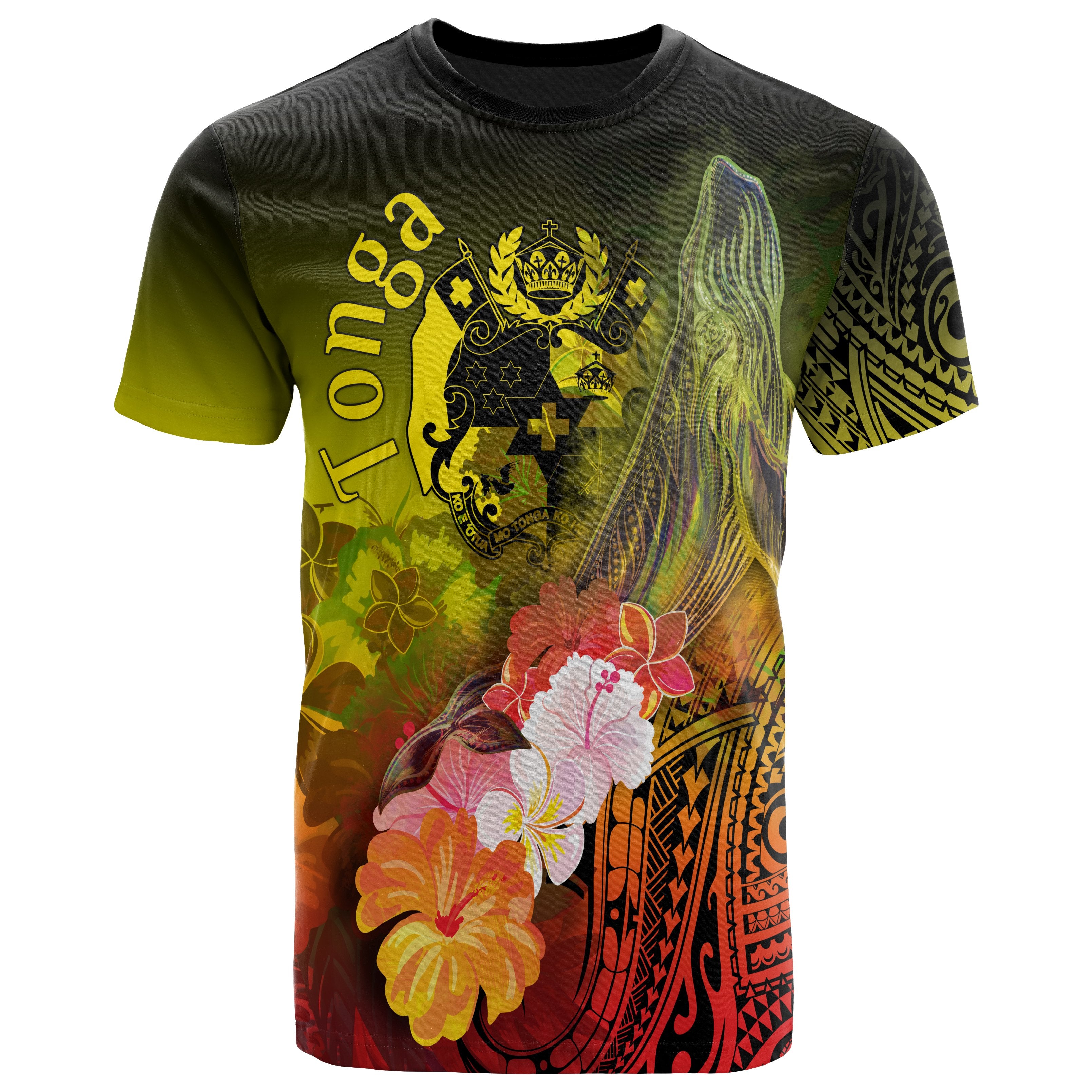 Tonga T-Shirt – Humpback Whale With Tropical Flowers (Yellow)