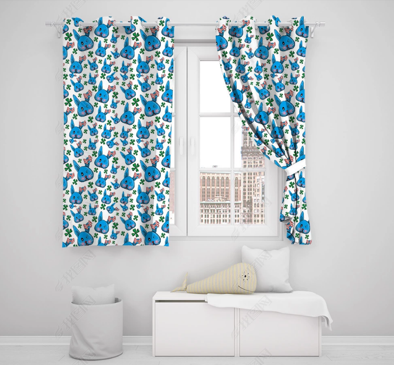 3D Hand Drawn Animal Blue Rabbit Curtains And Drapes Lqh 154