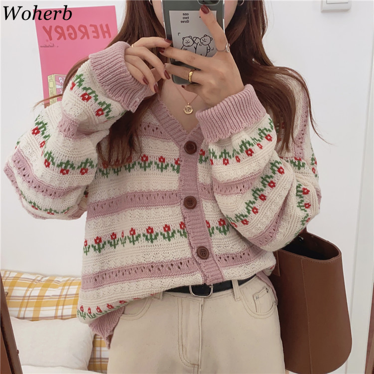 Woherb Korean Elegant V Neck Women Thin Cardigans 2022 Chic Vintage Floral Jacquard Sueter Mujer Sweet Cute Knit Sweater Coat alx