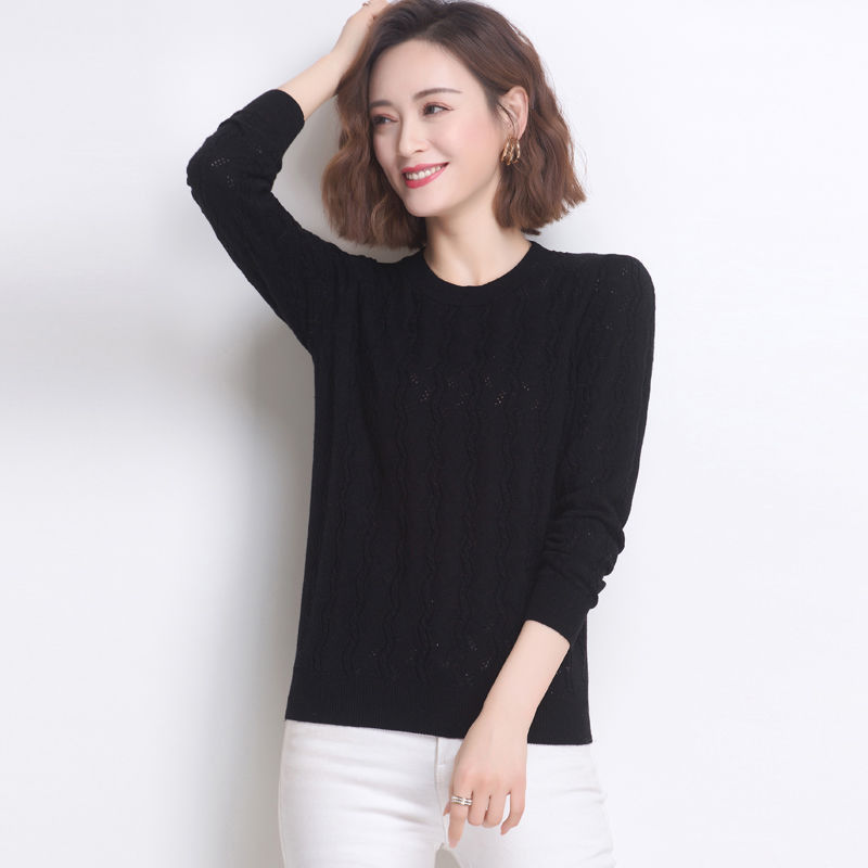 Solid O-neck Hollow out sweater women Fashion blue full sleeve knitting large size Pullover female 2021 new Korean spring tops alx