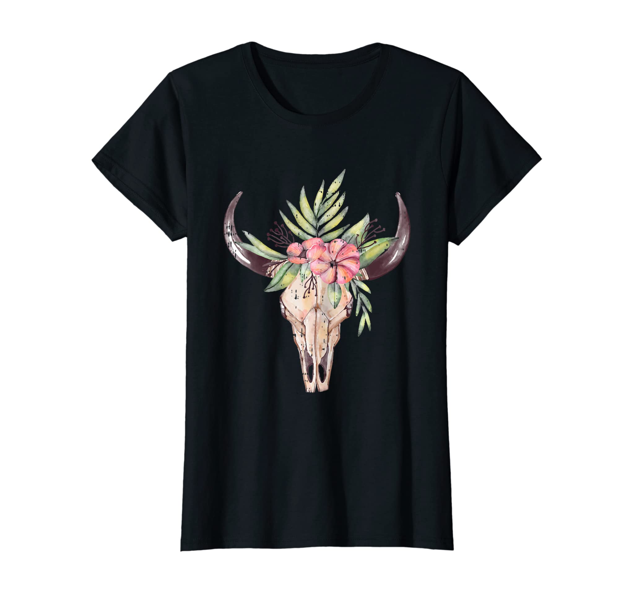 Womens Cow Head Skull Buffalo Bull Floral Animal Lovers Gift T-Shirt