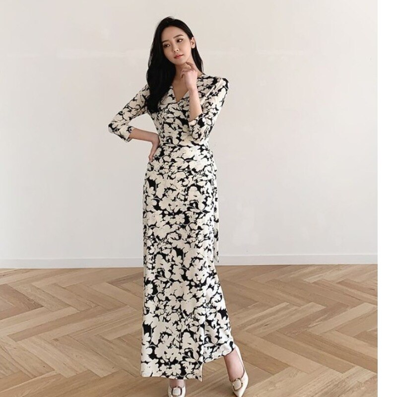 V-neck Floral Women Bohemian Beach Maxi Wrap Dresses Three-quarter Sleeve Ankle-length Elegant Ladies Casual Holiday Dress alx