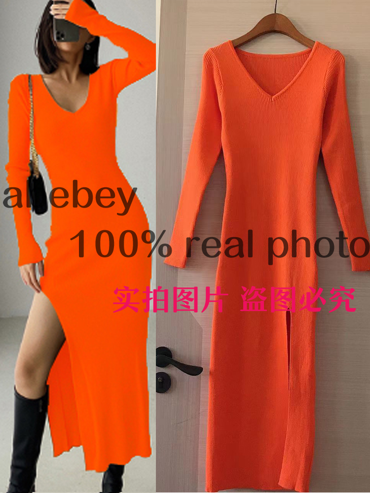 spring and winter sexy French slit sweater dress female slim tight-fitting hip-knit over-the-knee dresses alx