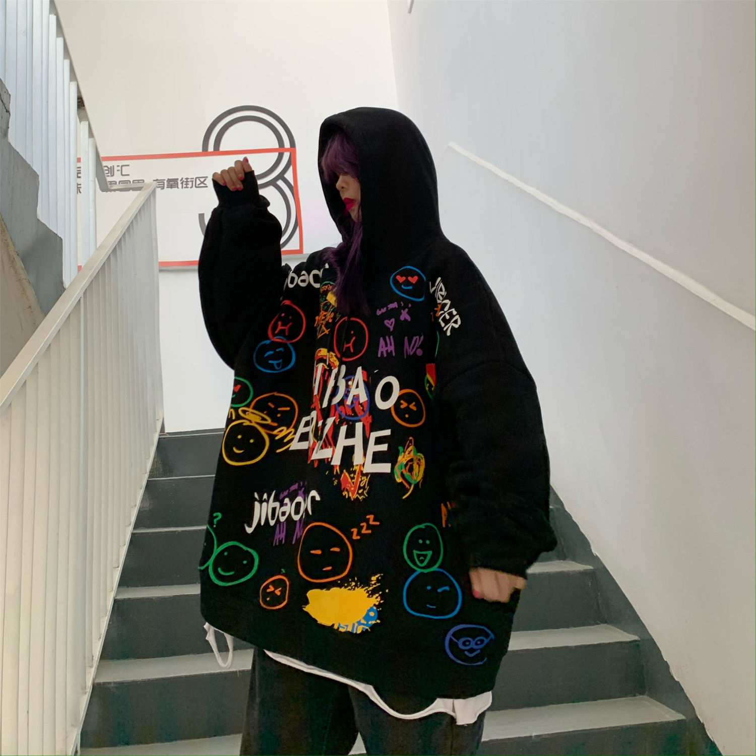 2021 women’s autumn and winter loose streetwear hooded sweater graffiti top Harajuku couple fleece hoodie velvet alx