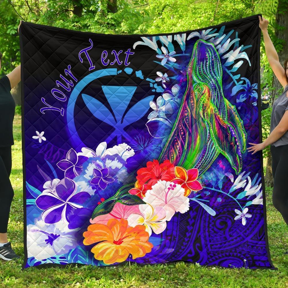 Polynesian Hawaii Custom Personalised Premium Quilt – Kanaka Maoli  Humpback Whale With Tropical Flowers (Blue)