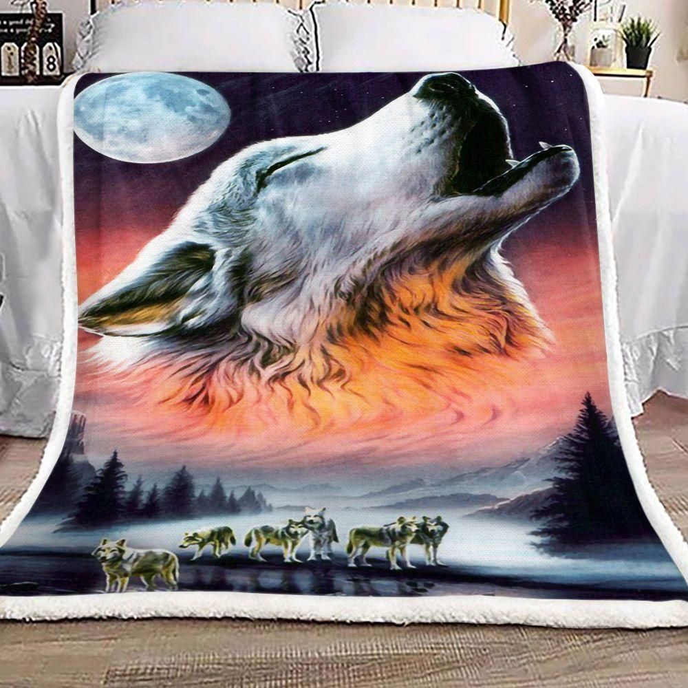 Beautiful Wolf Head In Sky Moon Pattern Printed Fleece Blanket, Sherpa Blanket, Gift For Parent, Family Member, Friends Gift, Christmas Gift, Home Decor, Home Living