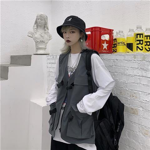 Vests Women V-neck Cargo Style Harajuku Streetwear Unisex Zippers Sleeveless Waistcoats Ulzzang Vintage All-match Tooling Top BF alx