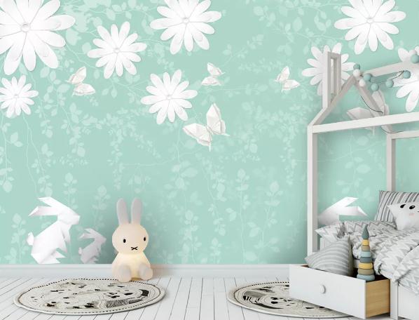 3D White Floral Paper Cut Rabbit Wall Mural Wallpaper 298