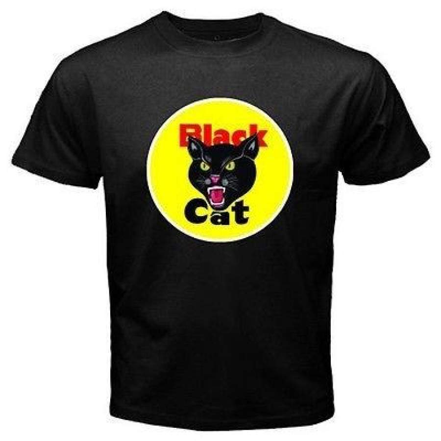 New Black Cat Fireworks Logo Men’s Black T-Shirt Size S to 3XL