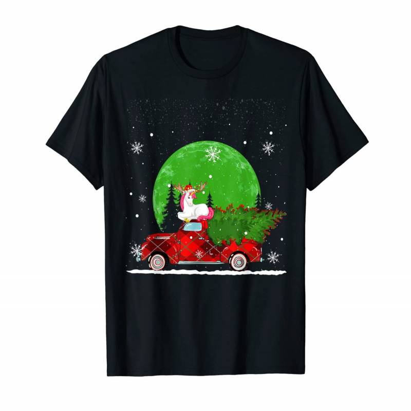 Unicorn Riding Red Plaid Truck Christmas Animals Pajamas T-shirt