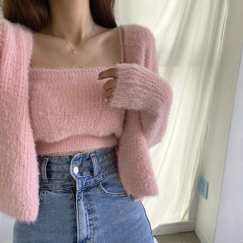 Sweet 2piece Sets Sexy Waterproof Mink Pink Cropped Cardigan V Long Sleeve Sweater Mohair Coat Solid Vest Camisole Tops Slim alx