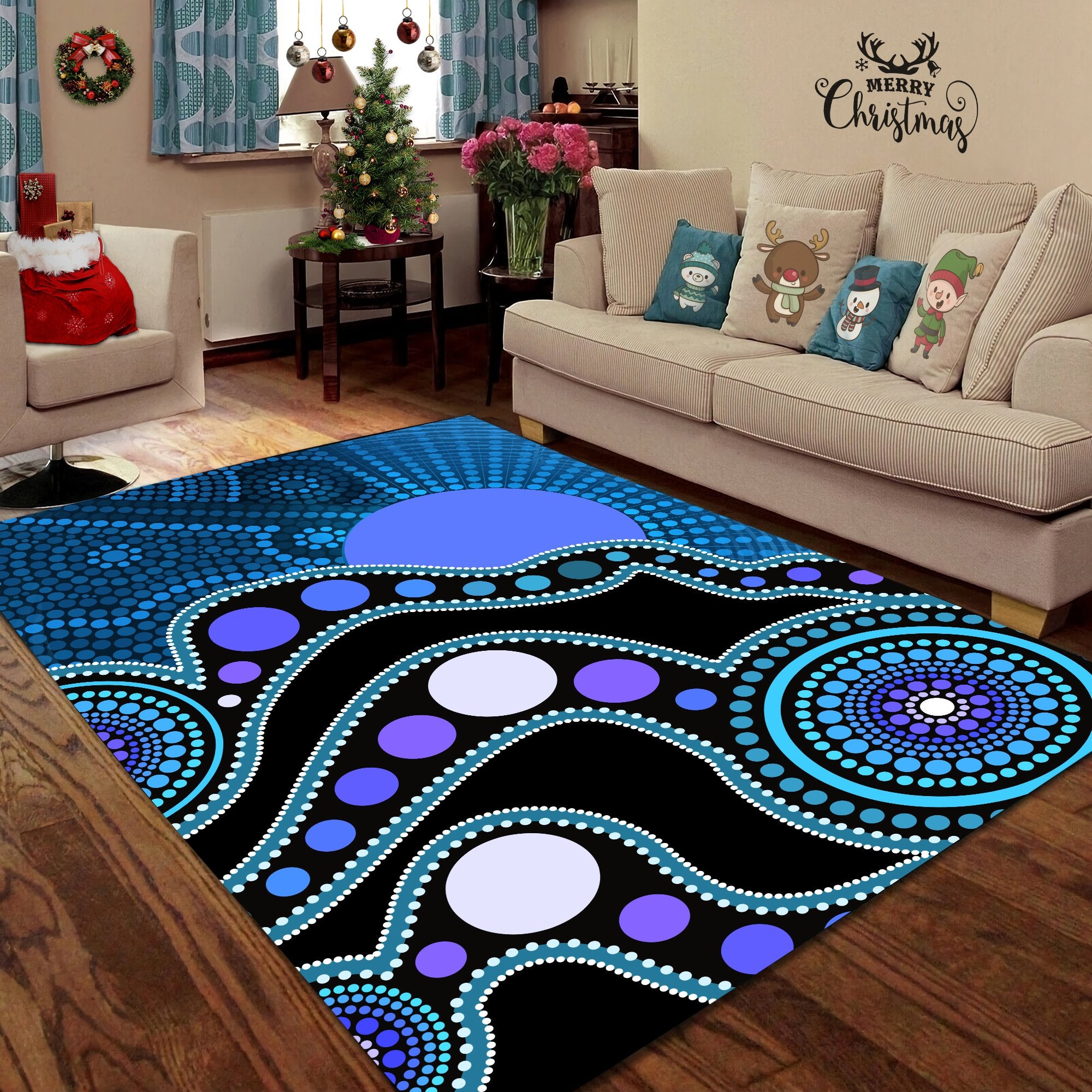 Aboriginal Art Flag Circle Dot Blue 3D Design Print Rug