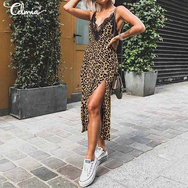 Sexy Spaghetti Straps V-neck Lace Leopard Print Sleeveless Dress