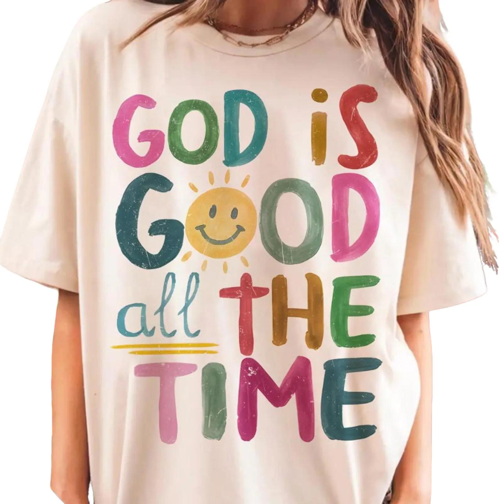 God is Good All The Time Inspriation Smiley Face Shirt, Preppy Christian Boho Hippie Style Tee, Faith-Based Christian Gift, Jesus Apparel Cotton Top Tshirt