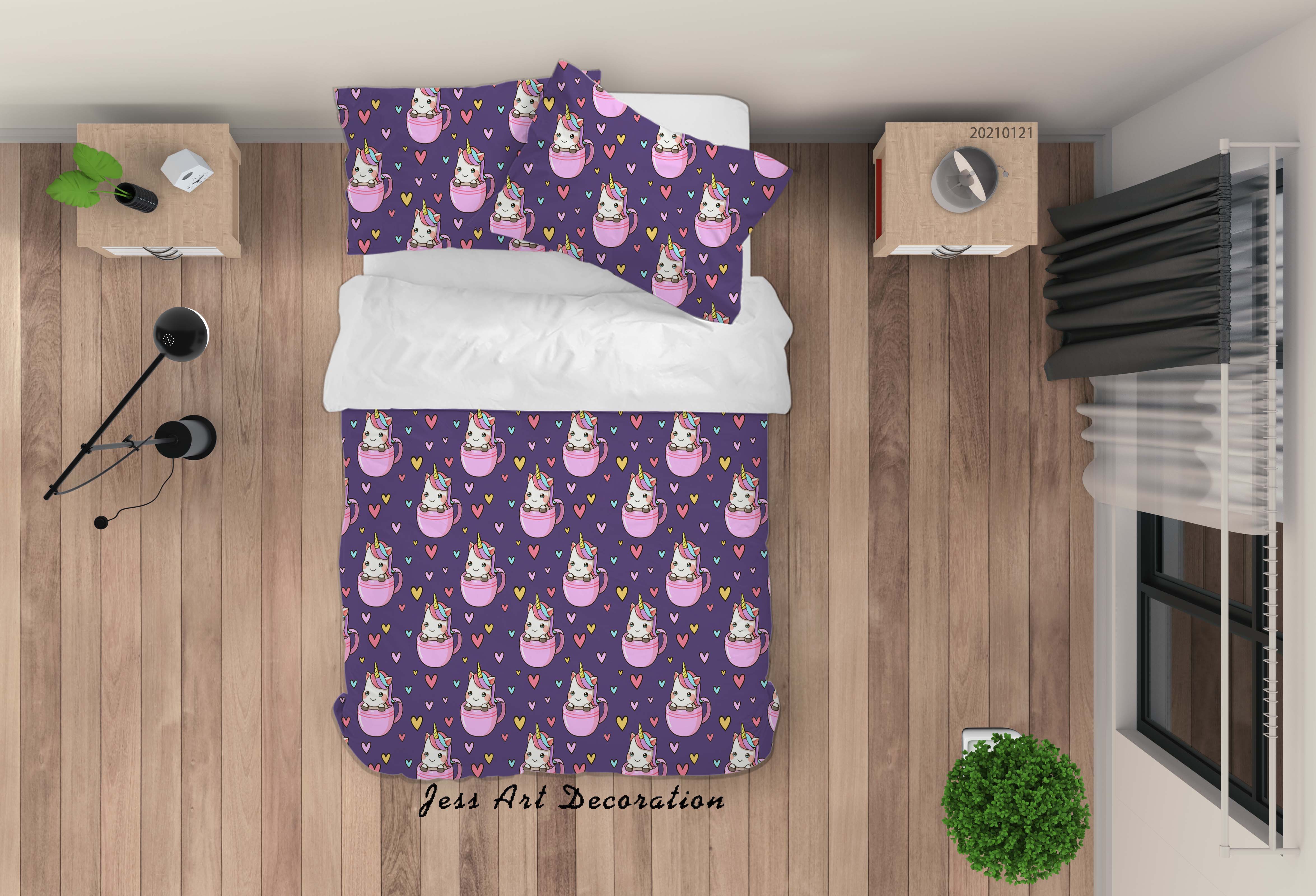 3D Hand Drawn Animal Purple Unicorn Love Quilt Cover Set Bedding Set Duvet Cover Pillowcases 125