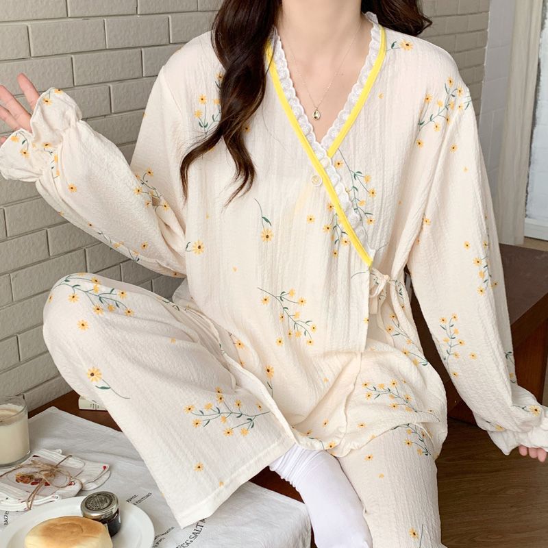 Women Cotton Gauze Kimono Pajamas Set Long Sleeve Pant Soft Home Clothes Printing Soft Sleepwear Loungewear Women’s Set Pyjamas alx