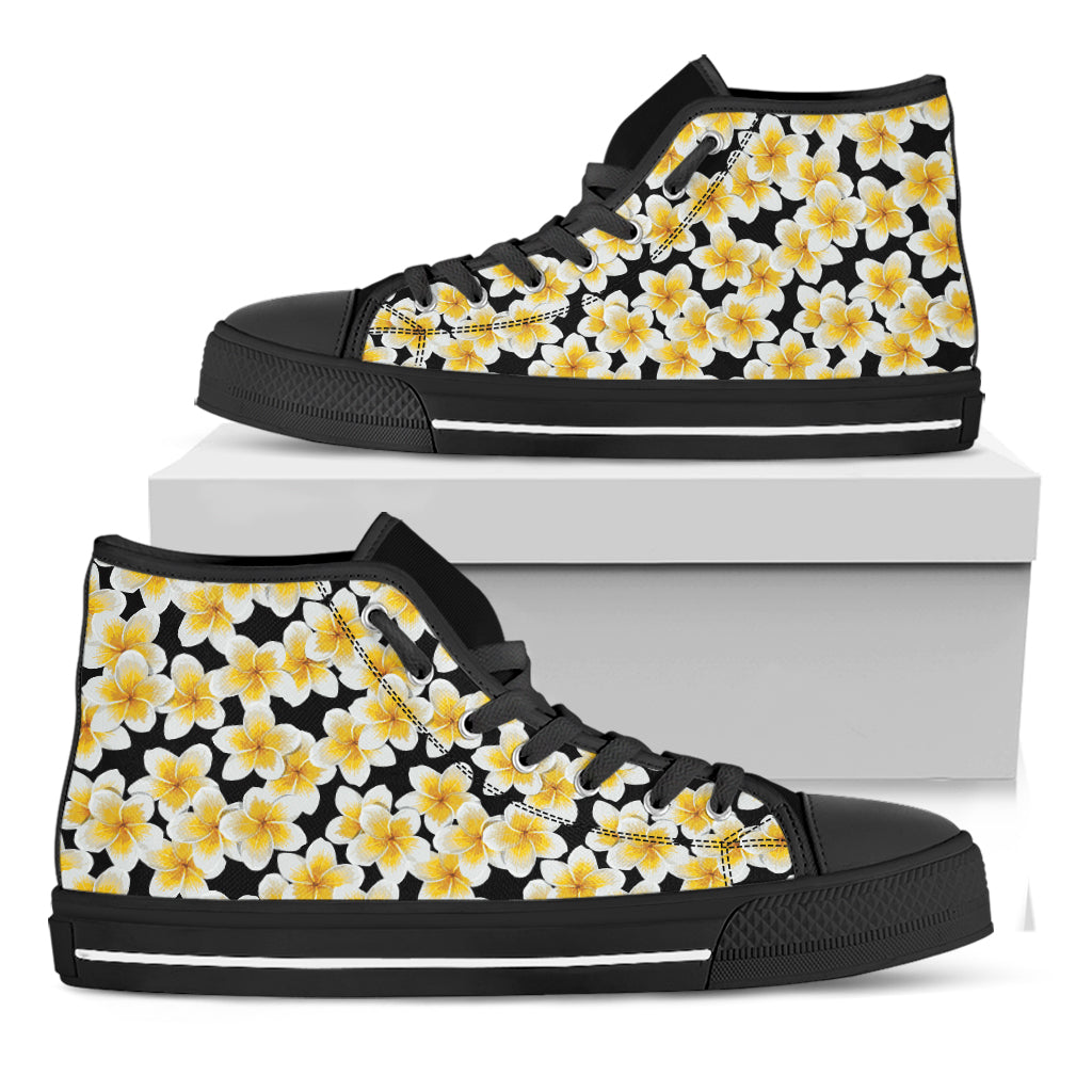 White And Black Frangipani Pattern Print Black High Top Shoes