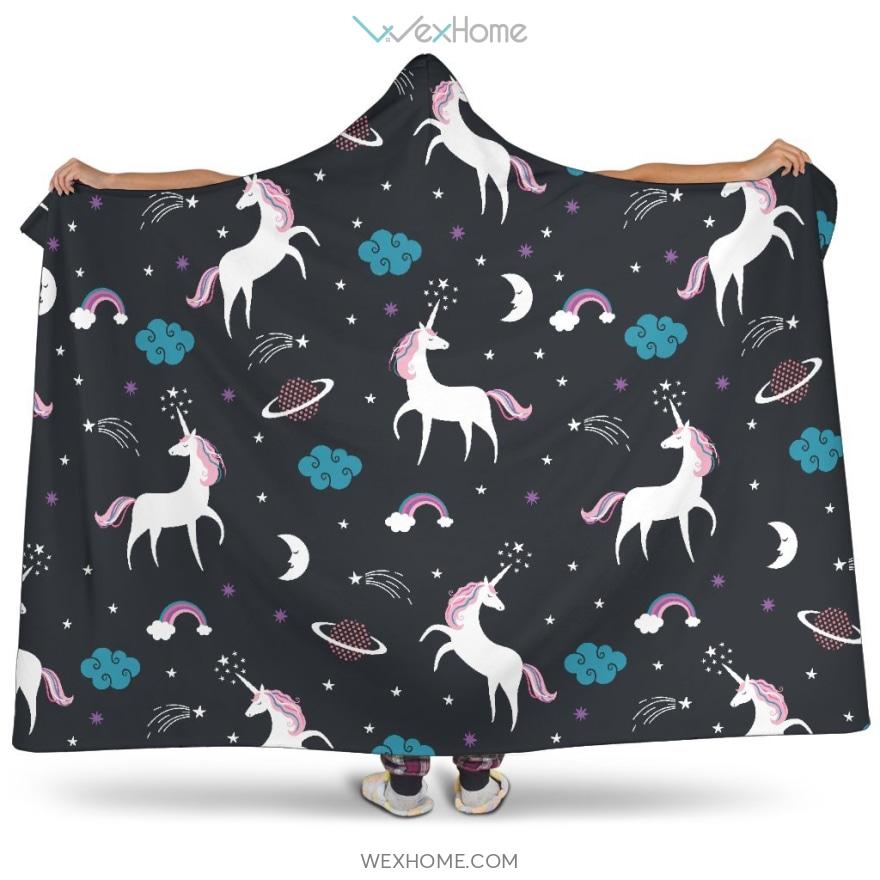 Unicorn Rainbows Moon Clound Star Pattern Hooded Blanket