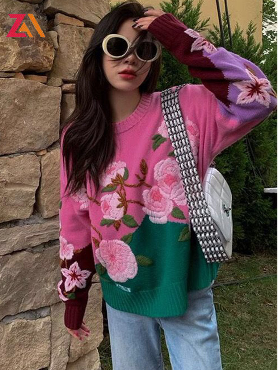 ZALady Designer Flower Sweaters Autumn Winter Loose Long Sleeve Women Traf Knitted Streetwear Zevity Casual Pullovers Pull Femme alx