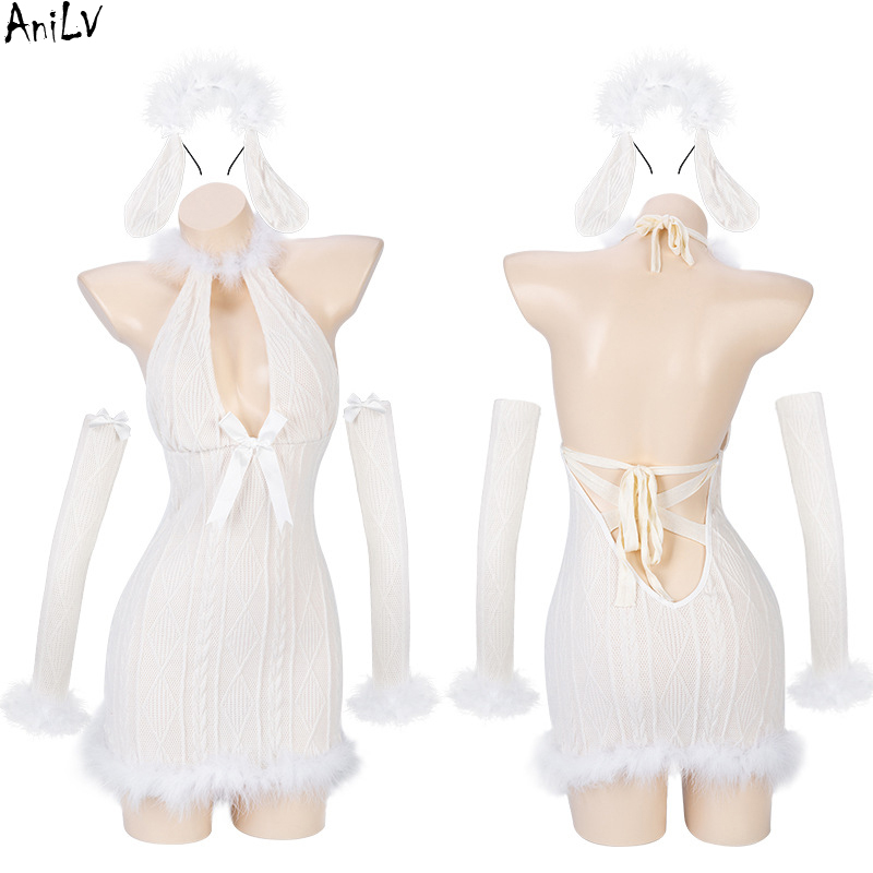 AniLV Christmas Snow Angel Girl Furry Knitted Dress Unifrom Women Bunny Backless Nightdress Pajamas Outfits Costumes Cosplay alx