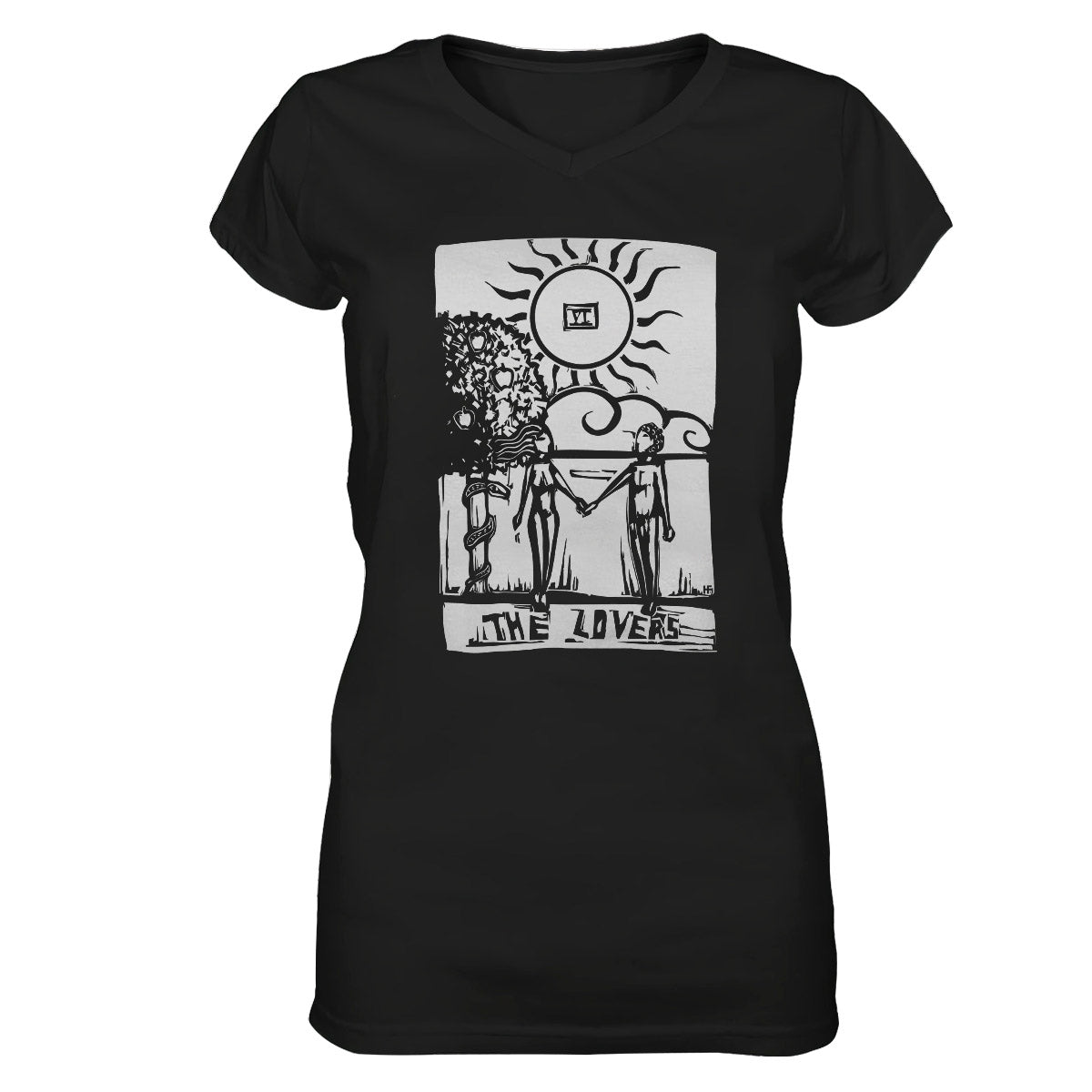 Witch Wicca Woodcut Style Tarot Card The Lovers Ez20 2409 Women V-Neck T-Shirt