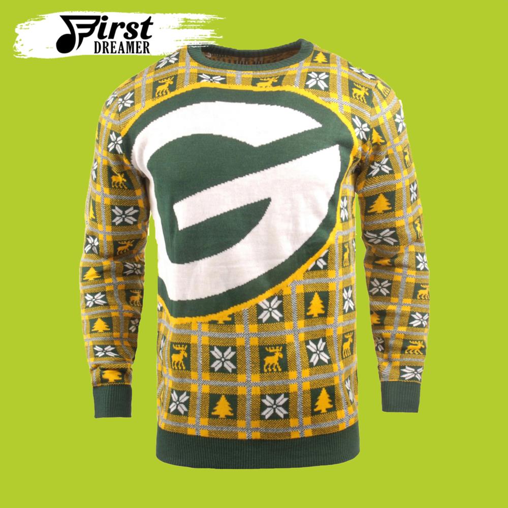 Big Logo Checker Green Bay Packers Gift For Fan Ugly Wool Sweater Christmas