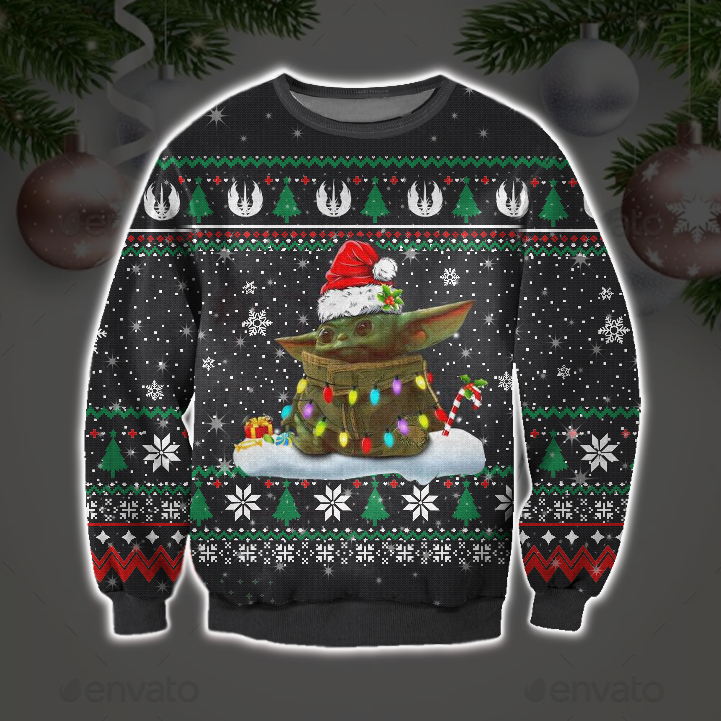 Unifinz Sw Christmas Ugly Sweater Grogu Jedi Order Symbol Pattern Christmas Pattern Black Sweater 2022