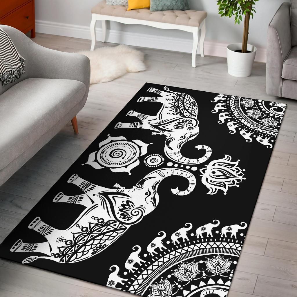 Black Elephant Mandala Area Rug