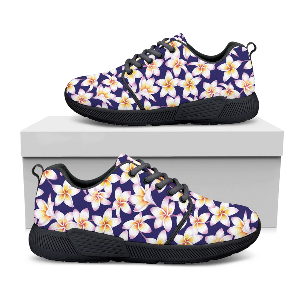 Watercolor Frangipani Flower Print Black Athletic Shoes