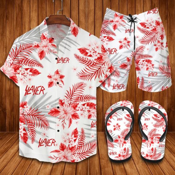 Slayer Band Hawaii Shirt Shorts Set & Flip Flops Beach Clothing Clothes Outfit For Men Ht
