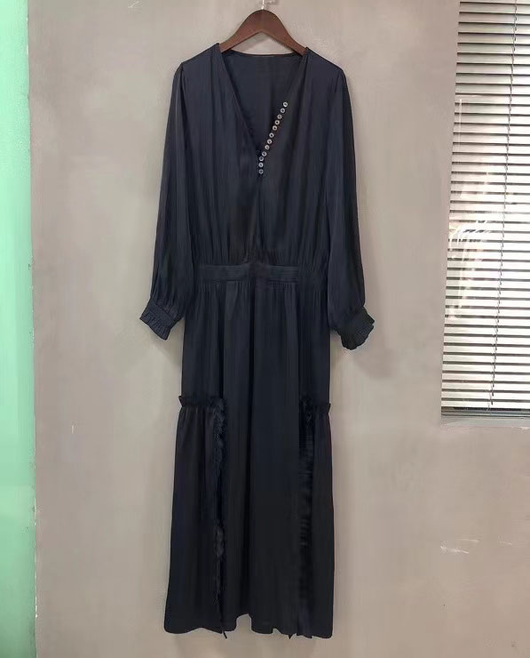 100% Viscose Women High Waist Maxi Dress V-Neck Ruffles Slit Buttons Female Casual Ankle-Length Robes Spring Autumn 2021 alx