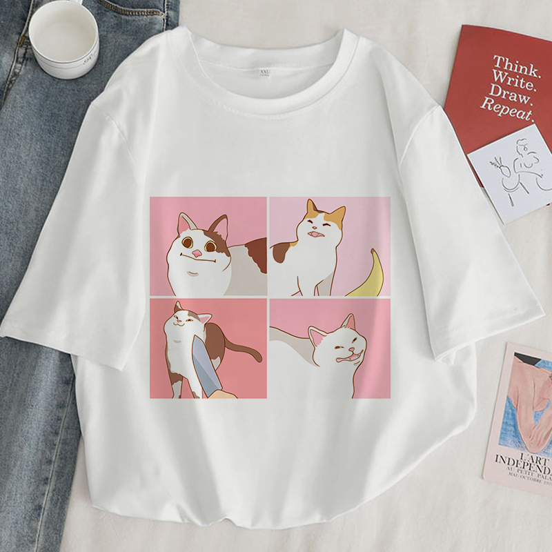 Cat Kawaii Anime Graphic Print T-shirt Women 2020 New Summer Fashion Korean Tshirt Harajuku Aesthetic White Tops Female T Shirt alx