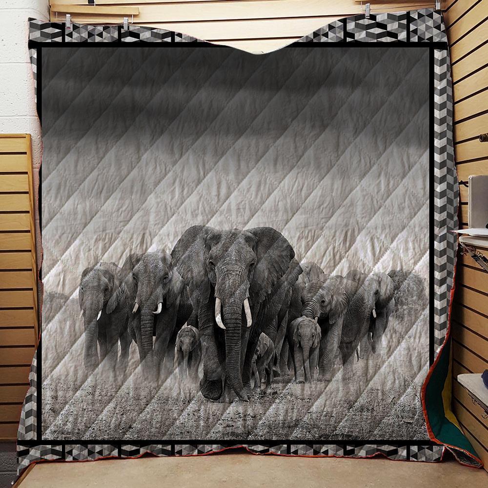 Elephants Flock Walking In Savanna  Quilt Blanket