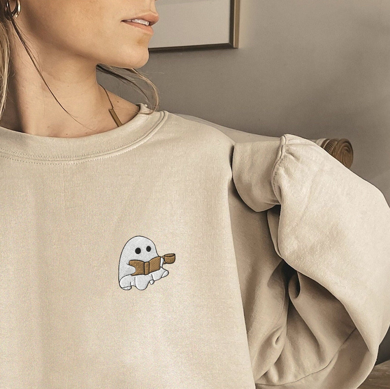 Embroidered Ghost Drinking Coffee Sweatshirt 2D Crewneck Sweatshirt All Over Print Sweatshirt For Women Sweatshirt For Men Sws2455