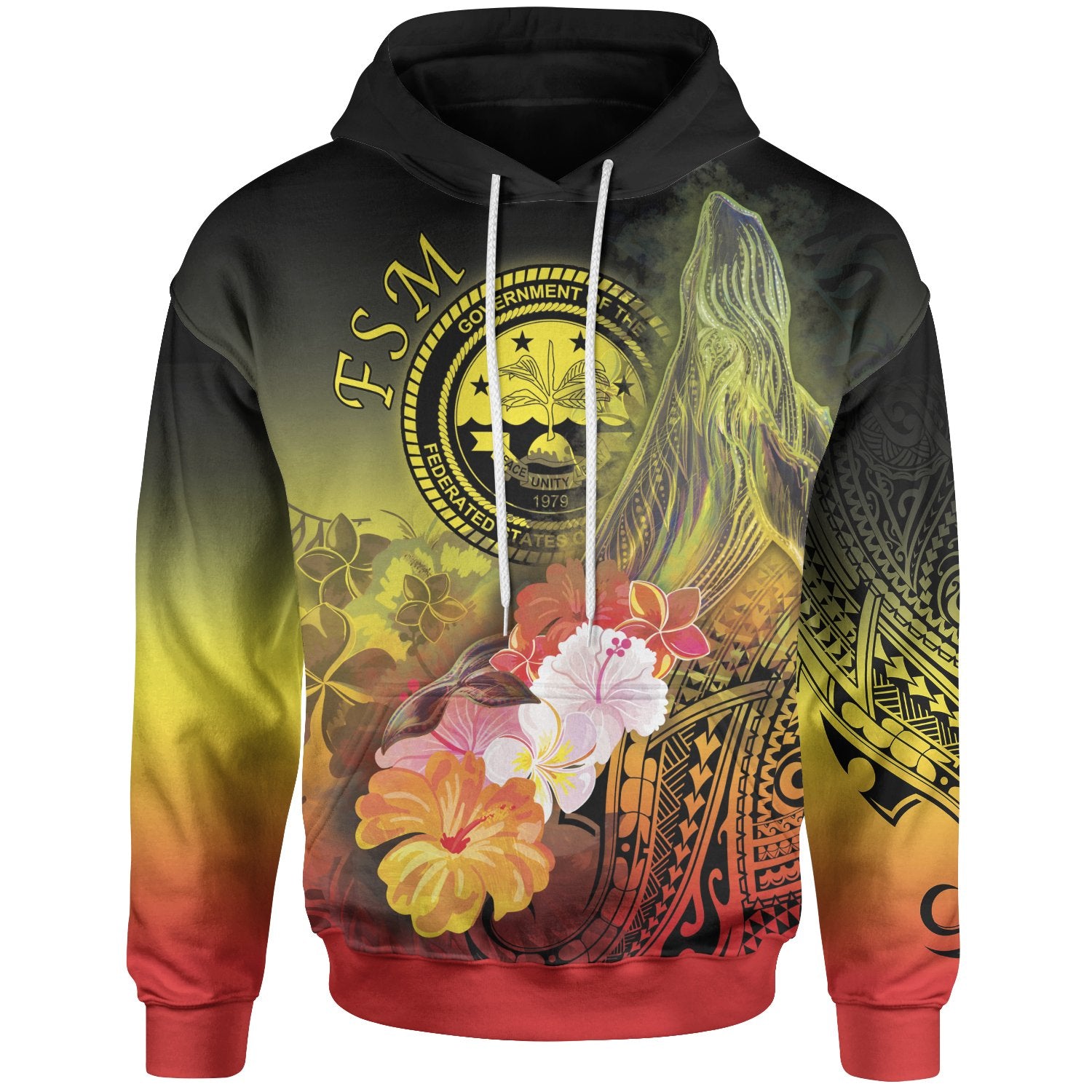 Fsm Hoodie – Humpback Whale With Tropical Flowers (Yellow)