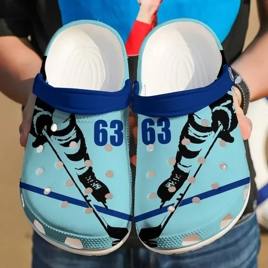 Hockey Player Neon Blue Personalize Clog Custom Crocss Clog Number On Sandal Fashion Style Comfortable For Women Men Kid