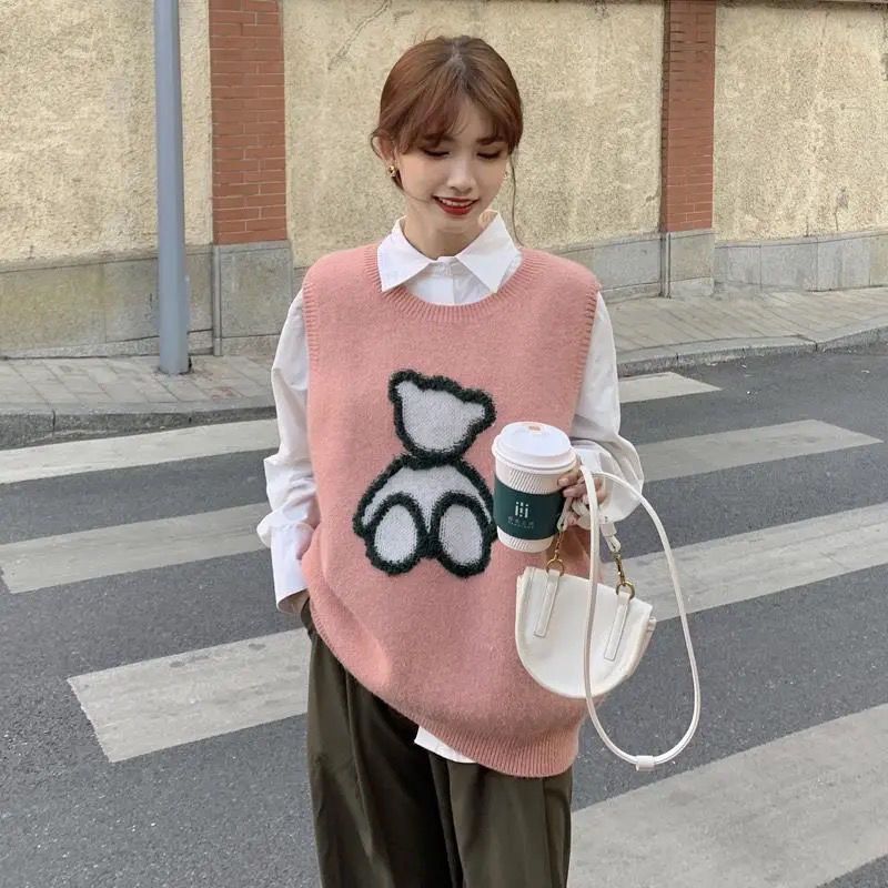 Wool Sweater Vest Women 2021 Winter Korean Style Cute Teddy Bear Embroidery Sleeveless Pullover Casual Oversized Waistcoat T568 alx