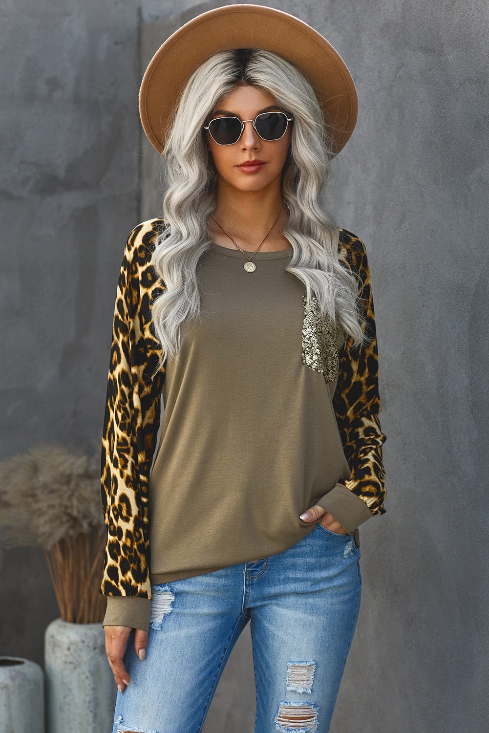 Azura Exchange Khaki Round Neck Leopard Print Sequin Long Sleeve Top