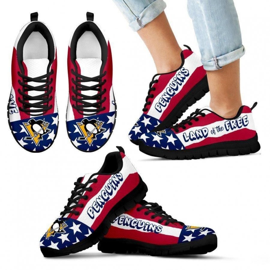 Proud Of American Flag Three Line Pittsburgh Penguins Sneakers #834