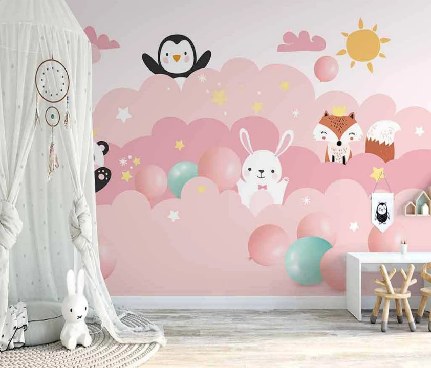 3D Cartoon Pink Cloud Sunny Penguin Bunny Fox Animal Wall Mural Wallpaper Lxl