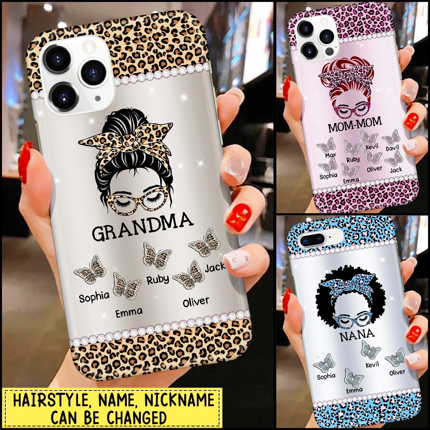 Personalized Leopard Grandma Messy Bun Glass Art Phone Case