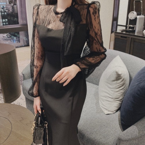 Temperament Lace Mesh Patchwork Puff Sleeve Midi Robe O-neck Ribbon Design Slim Fishtail Dress 2022 Spring Elegant Vestidos alx