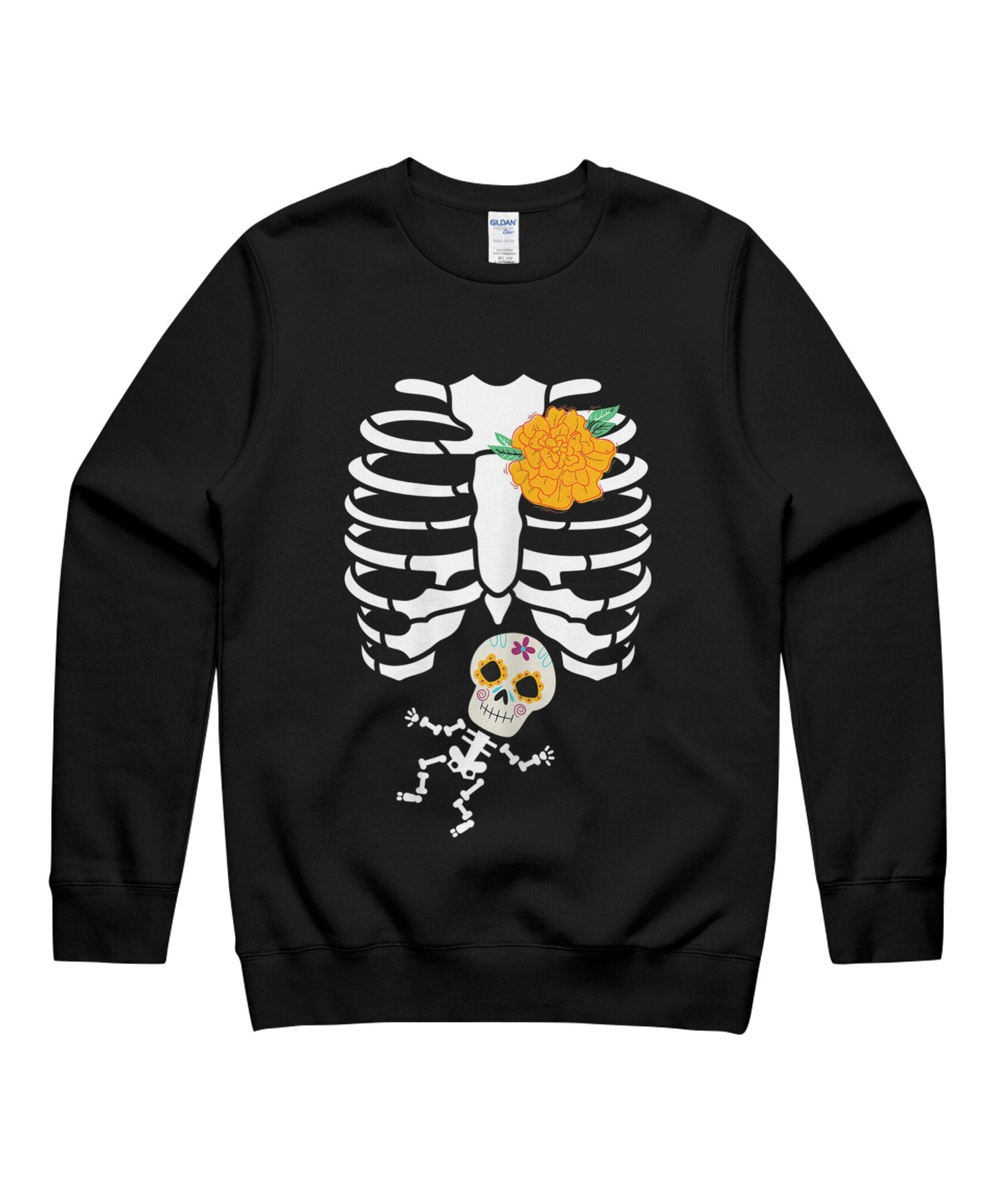 Womens Dia De Los Muertos Skeleton Maternity Pregnancy Announcement Halloween Unisex Crewneck Sweatshirt