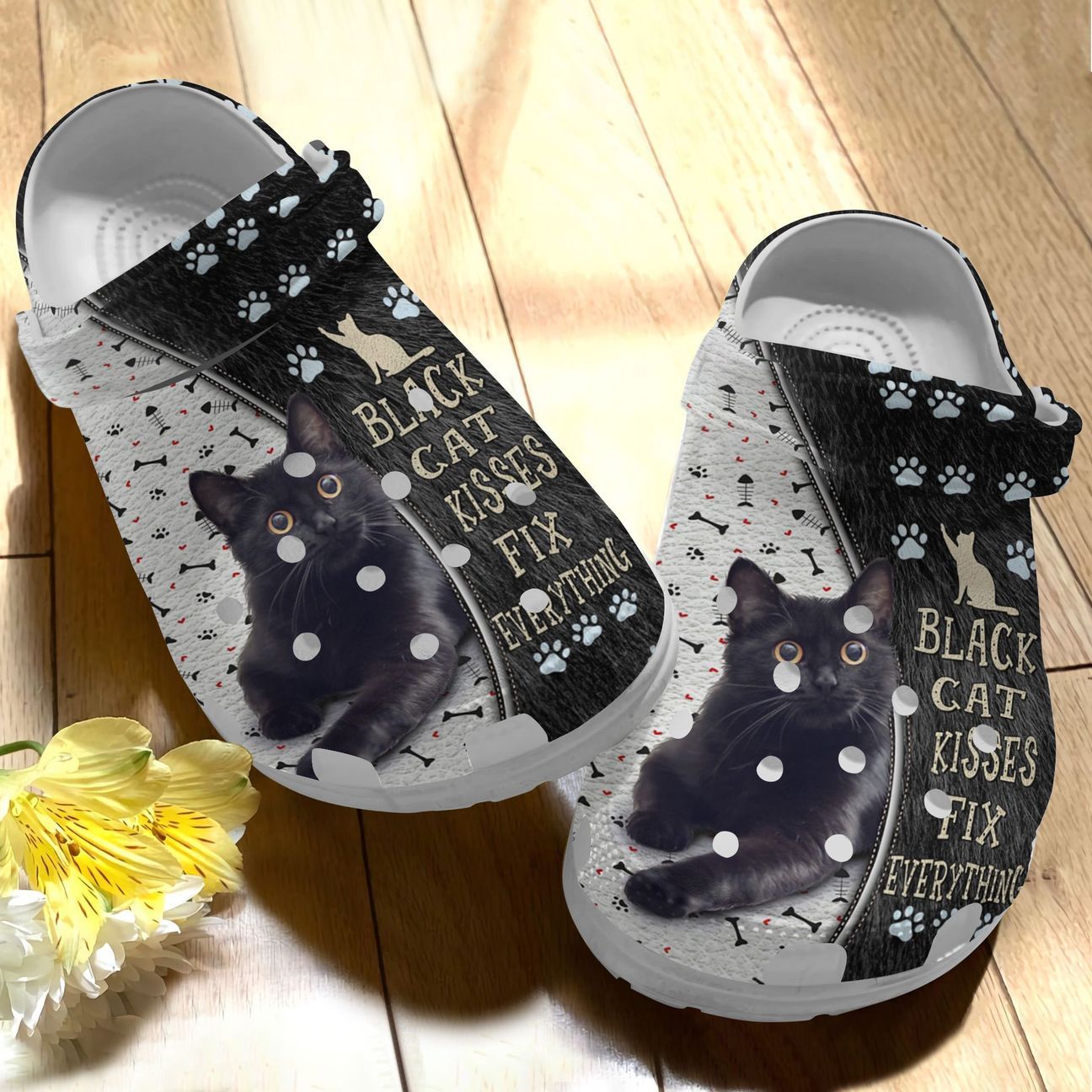 Black Cat Personalized Clog, Custom Name, Text Black Cat Kisses, Fashion Style For Women, Men, Kid, Print 3D