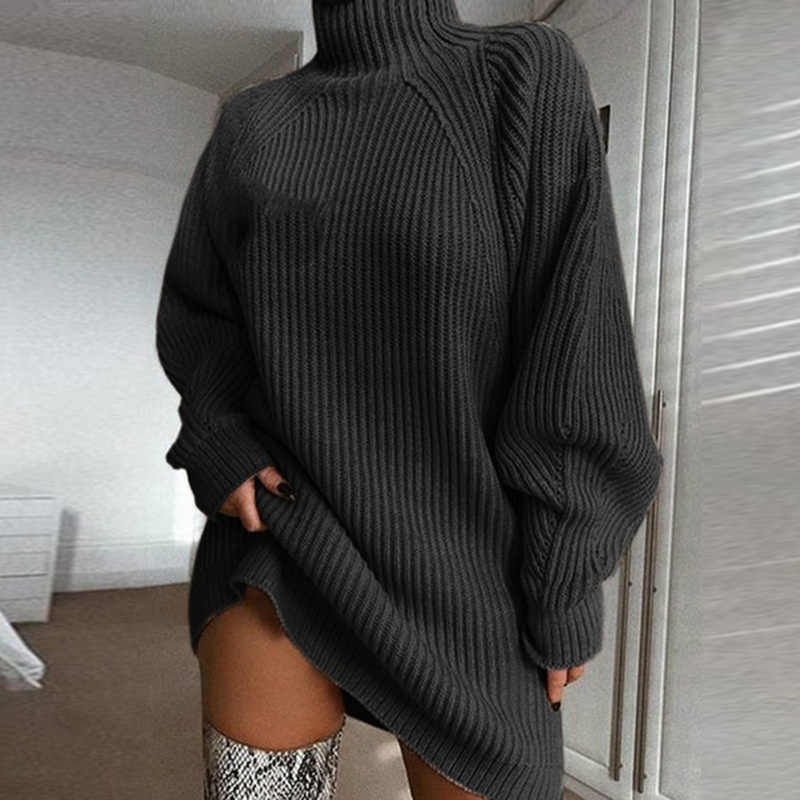 Women Loose Turtleneck Knitted Sweater Dress Summer Lady’s Fashion Long Sleeve Midi V-neck Solid Pullover Dresses Casual Clothes alx